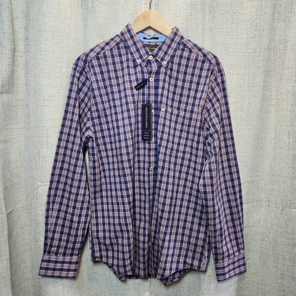 Mason James Plaid Button Up Shirt Men's M Blue Red Long Sleeve Stretch Non-Iron - Picture 1 of 6